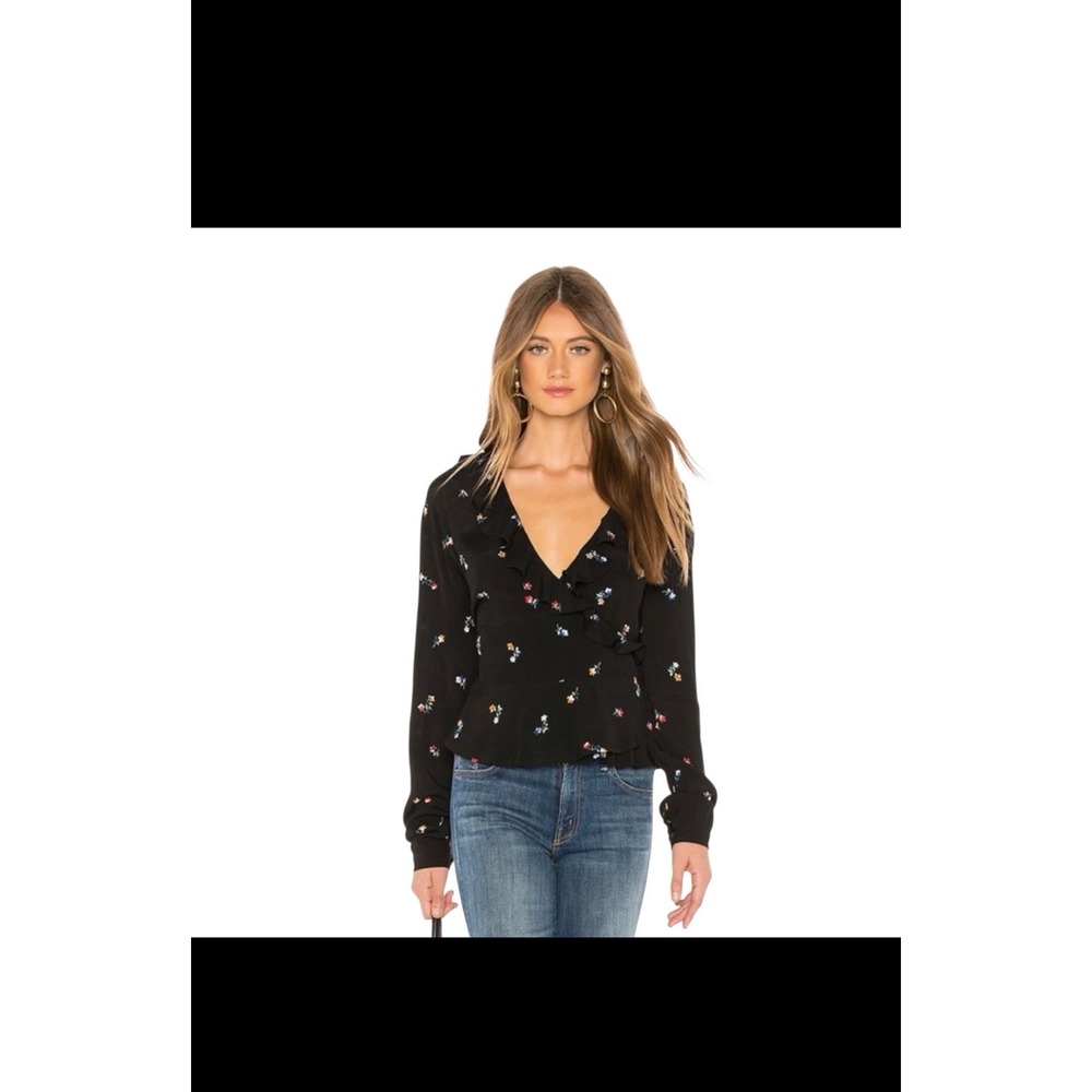 Rails Black Floral Ruffle Wrap Peplum Blouse XS Cottagecore Boho French Girl